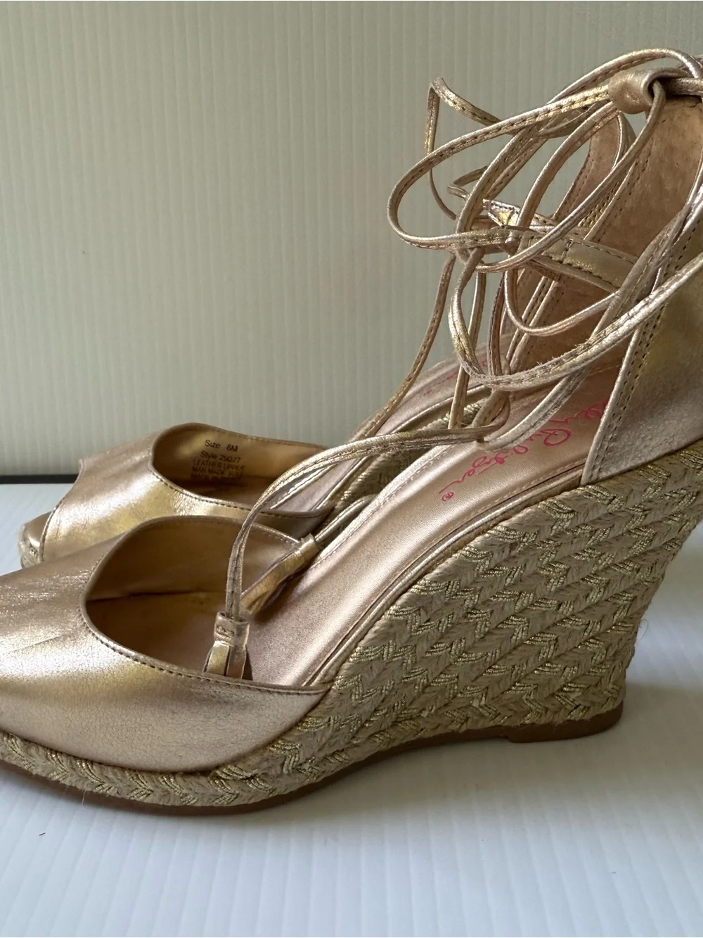 Lilly Pulitzer Women’s Metallic Gold Wedge Sandals with Ankle Tie Size 8M